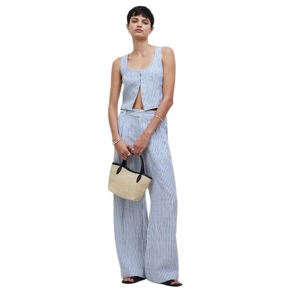 Madewell 100% Linen Scoopneck Stripe Crop Tank in Bluestone Size M - Picture 2 of 12